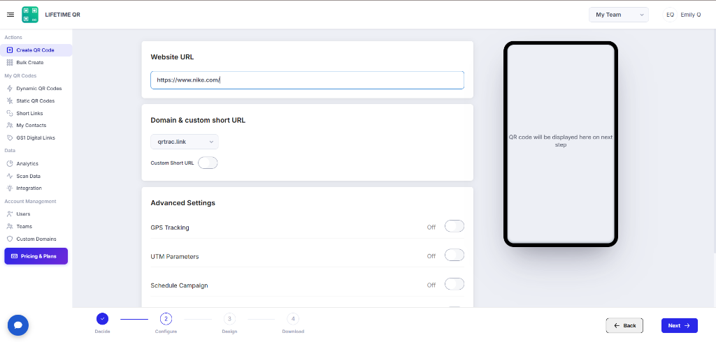 Website URL configuration screen with destination URL input field
