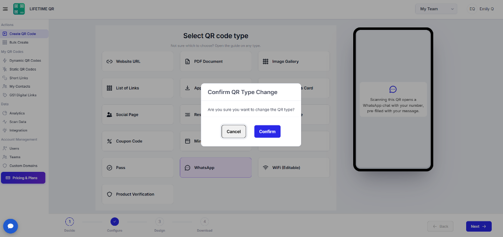 Confirm QR Type Change confirmation modal with Confirm button