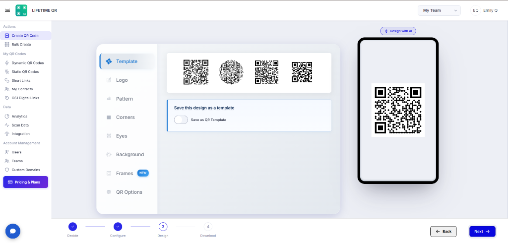 QR code editor Design stage showing templates, logo, pattern, corners, eyes, background, frames, and preview