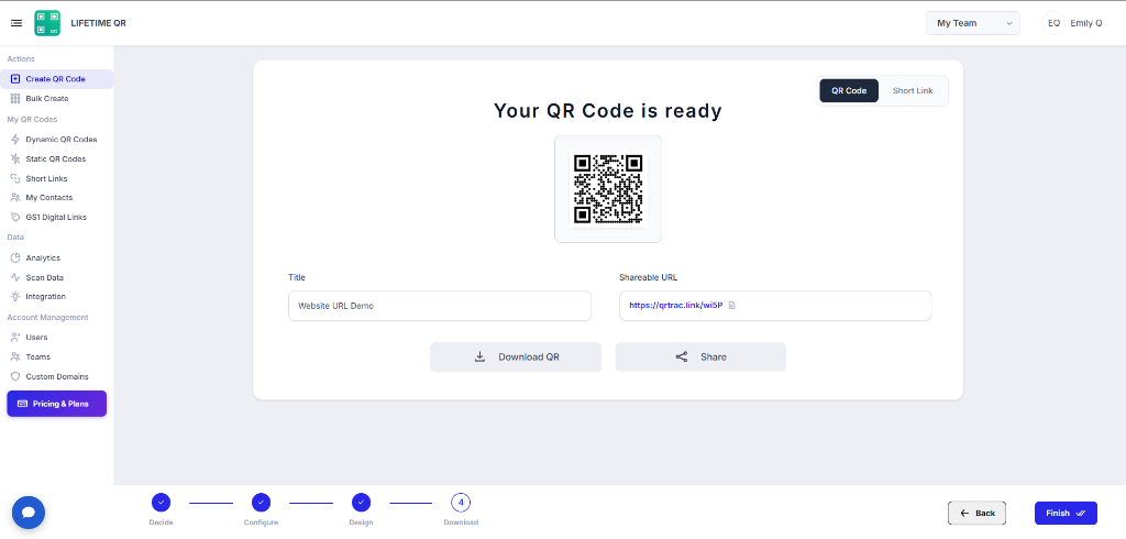 QR code editor final review screen showing QR code ready preview, title, shareable URL, and Finish button