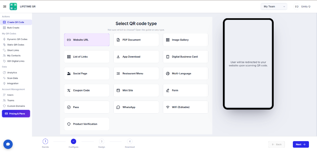 Select QR code type screen with Website URL selected