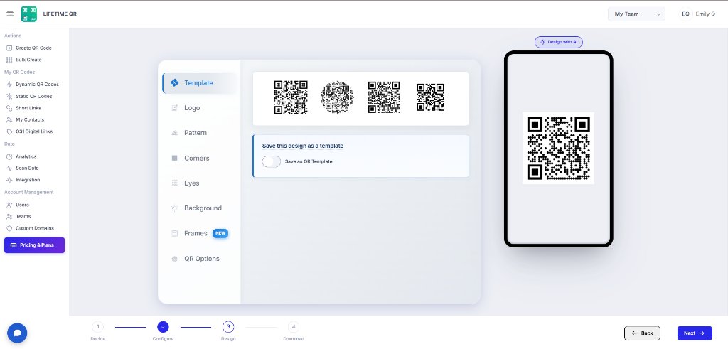 QR code editor Design stage showing appearance customization options and preview