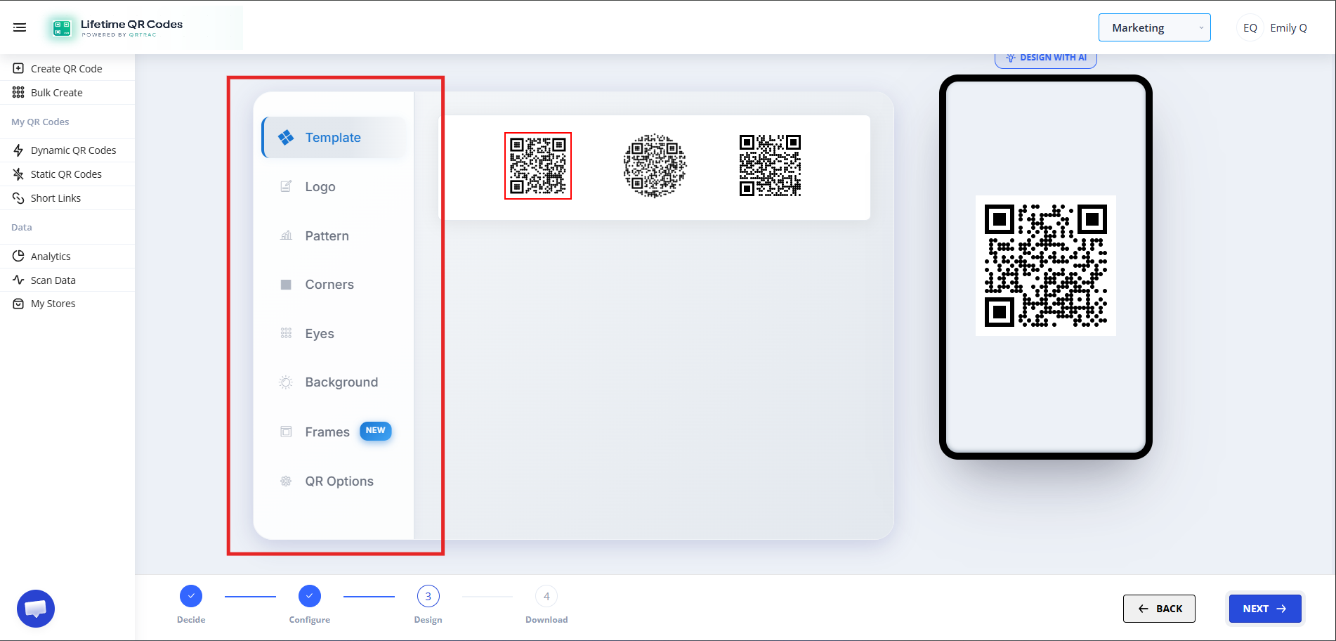 QR design customization screen