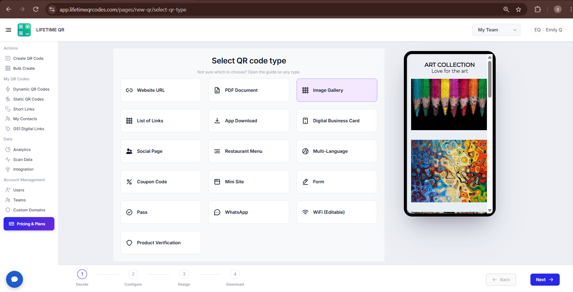 Image Gallery QR Type Selection Screen