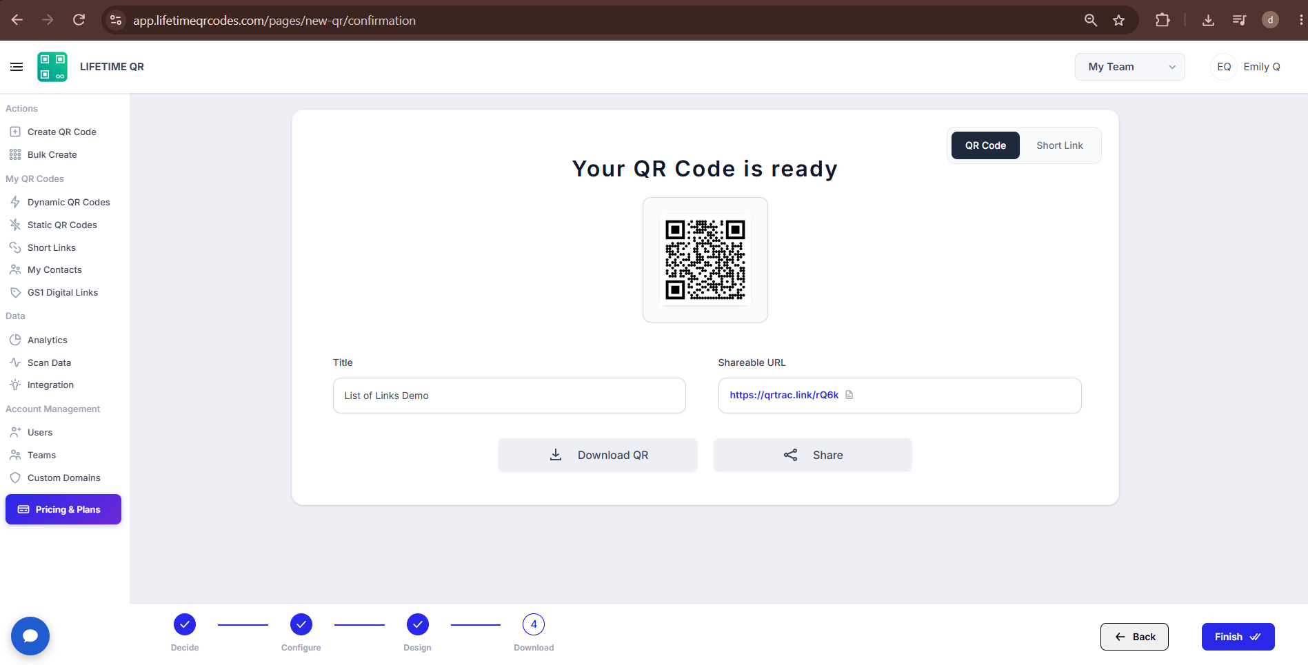 Your QR Code is ready screen showing generated QR code preview, title, and Download QR button
