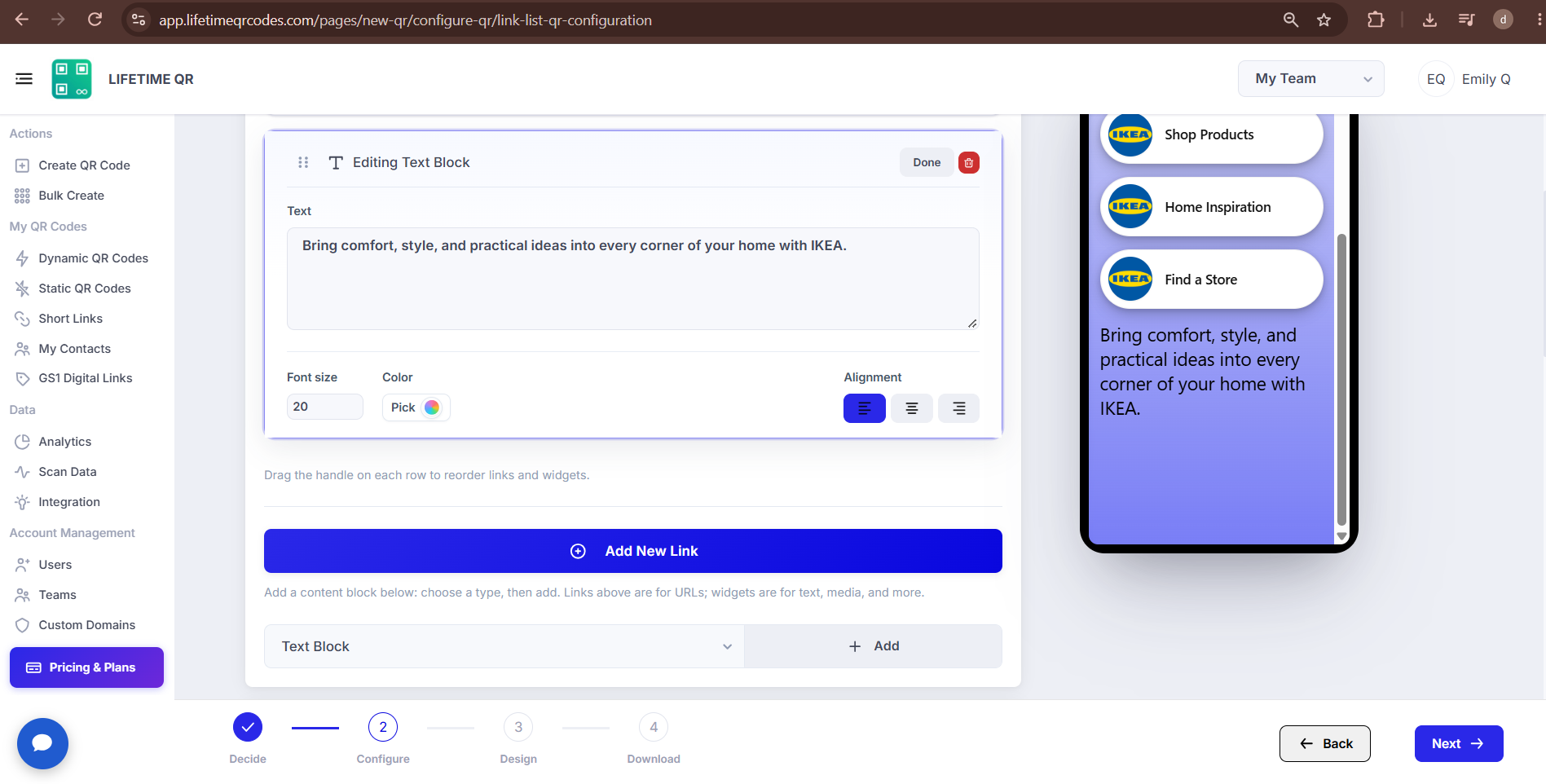Content block dropdown showing available options including Text Block, Image Gallery, Video, Button, PDF, HTML, and Divider