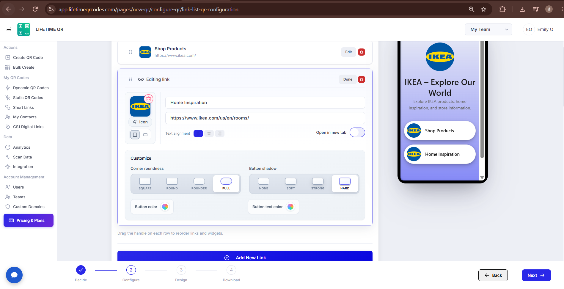 Customize options showing corner roundness, button shadow, button color, and button text color