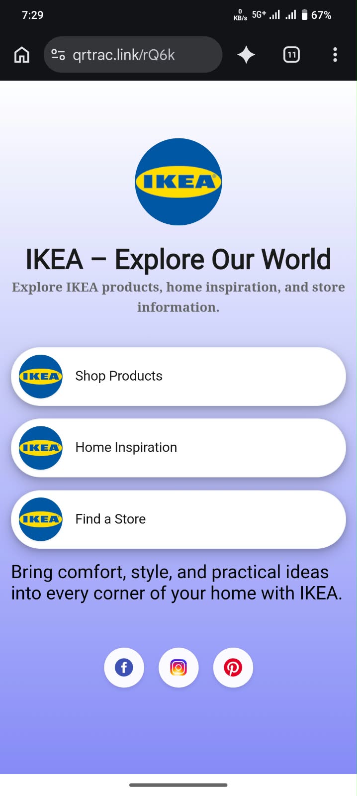 List of Links end-user mobile landing page view after scanning QR code