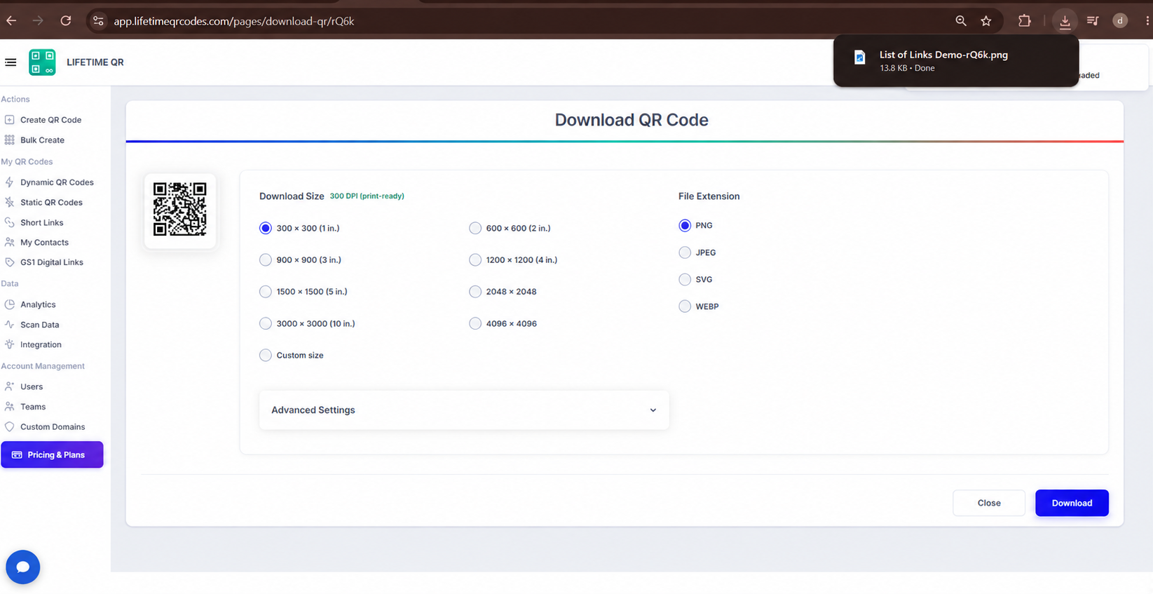Download QR Code dialog showing size selection, file format choices, error correction level, and margin controls