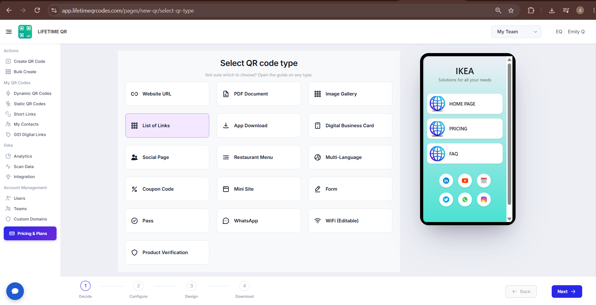 QR code type selection screen with List of Links highlighted