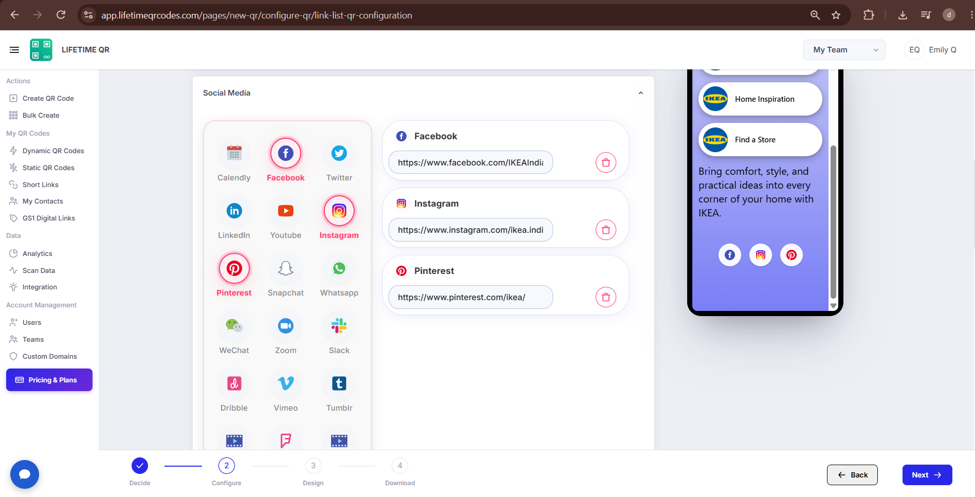 Social Media section showing platform selection and profile details