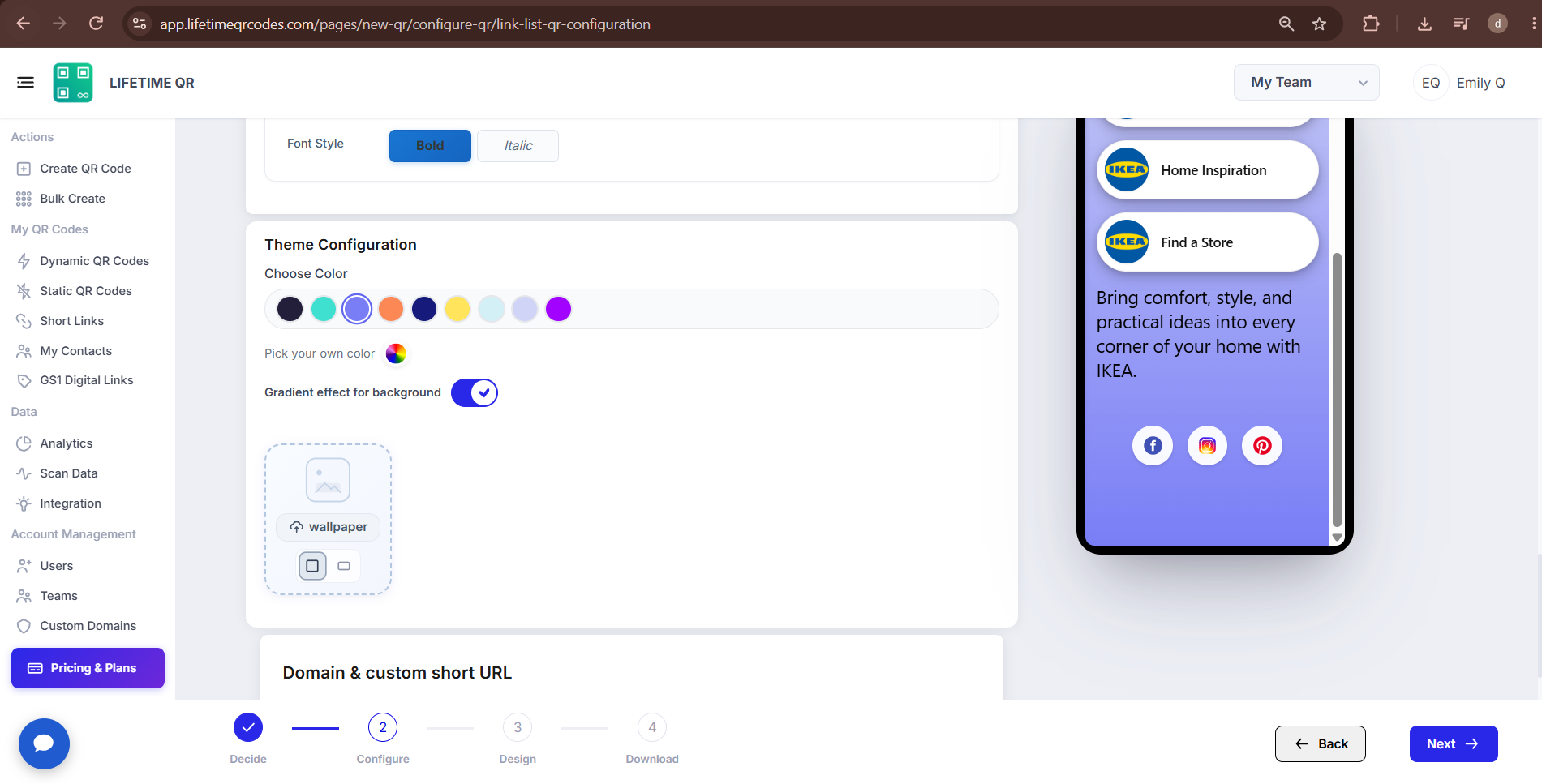 Theme Configuration section showing background color, gradient effect, and wallpaper upload options