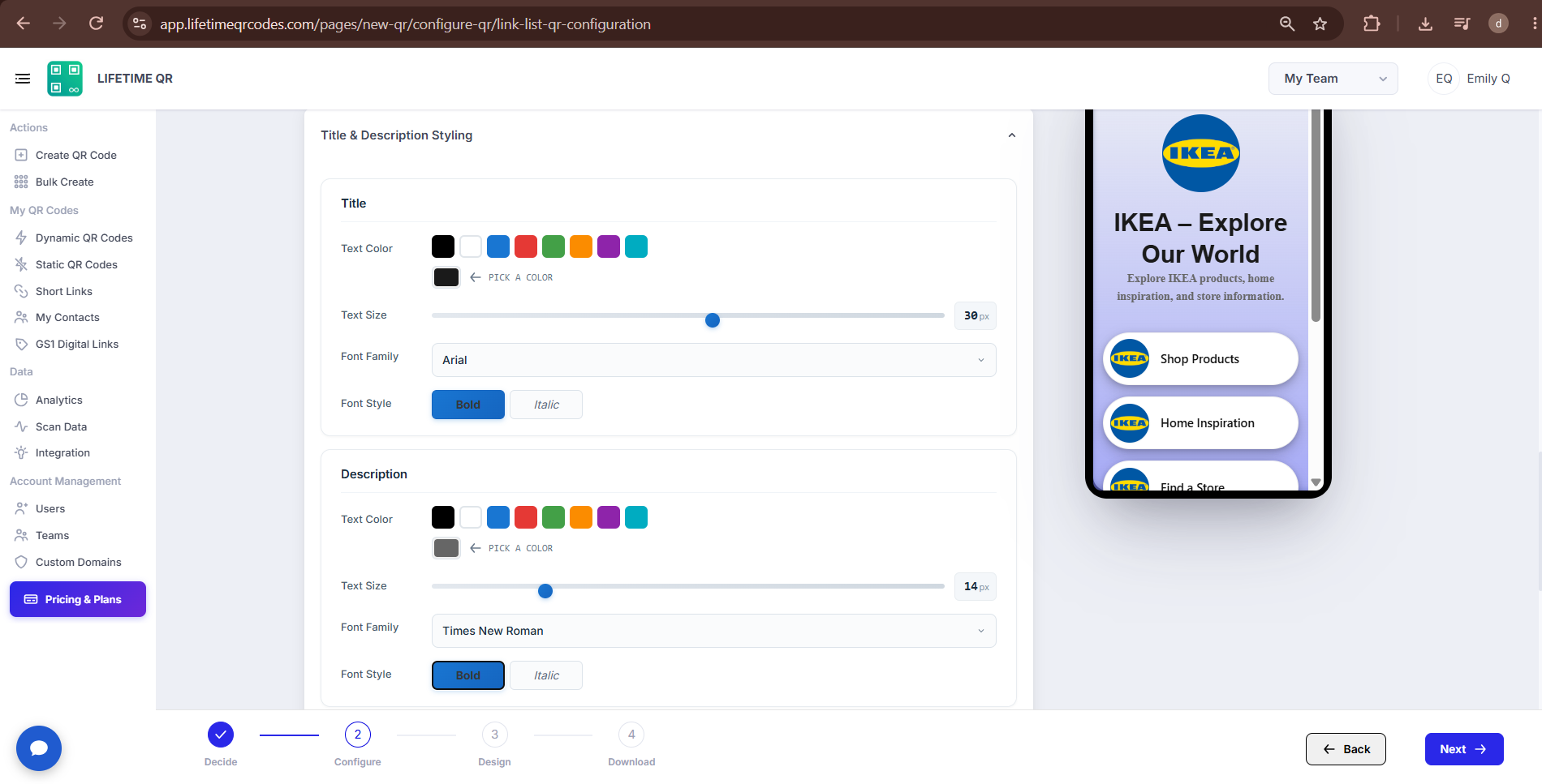Title and Description Styling section showing customization options
