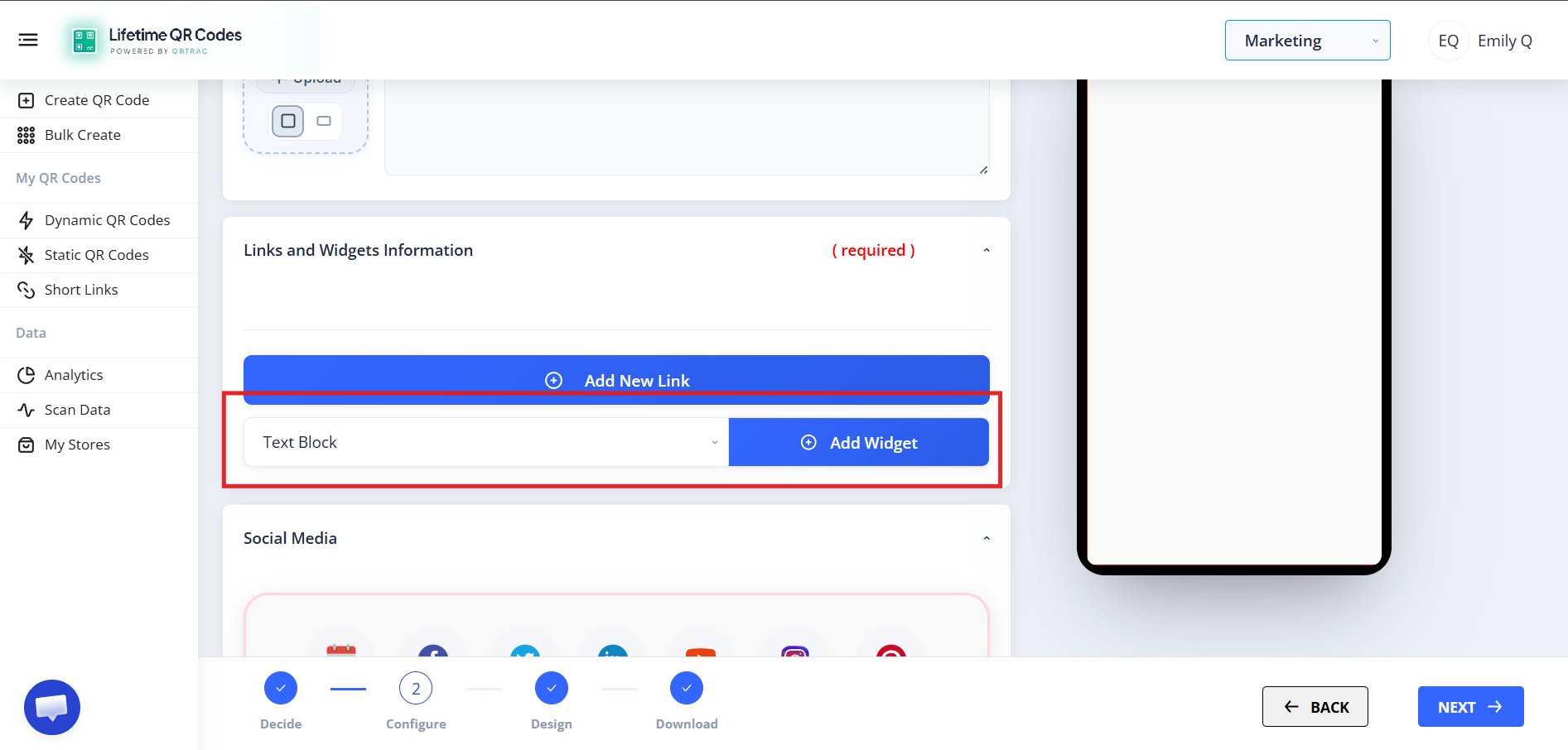 Widget dropdown menu