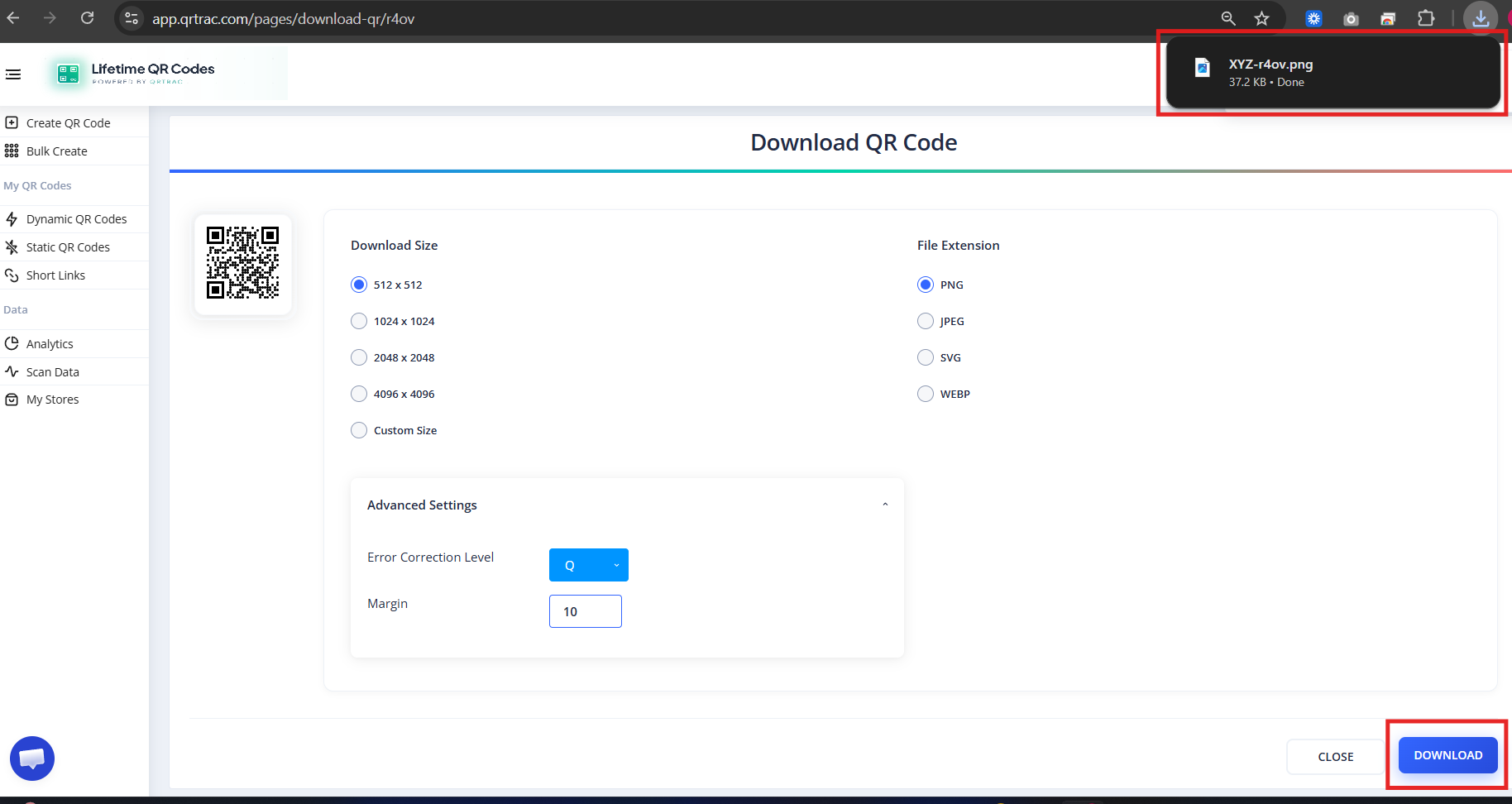 QR download screen