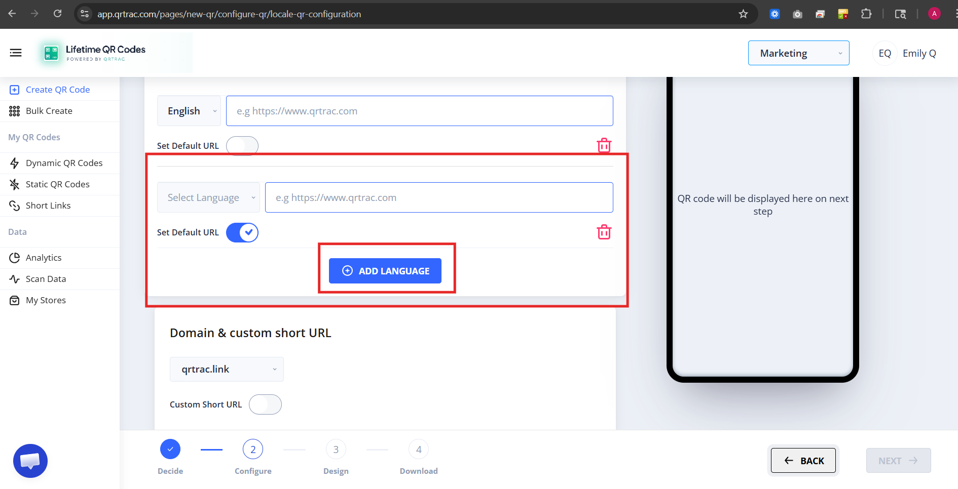 Add language button and dropdown selector