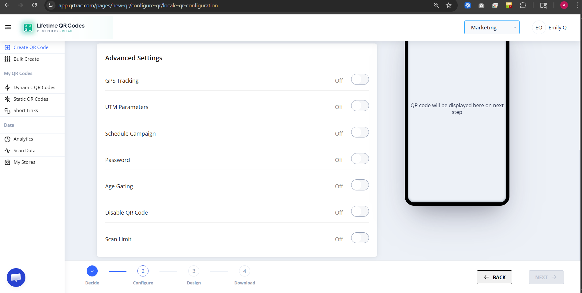 Advanced settings section with GPS, scheduling and access controls