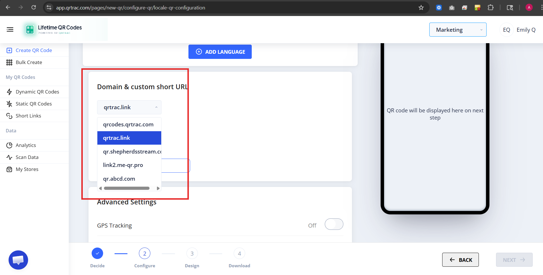 Domain and short URL configuration section