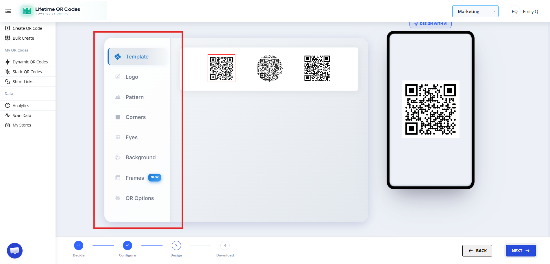 QR design customization screen