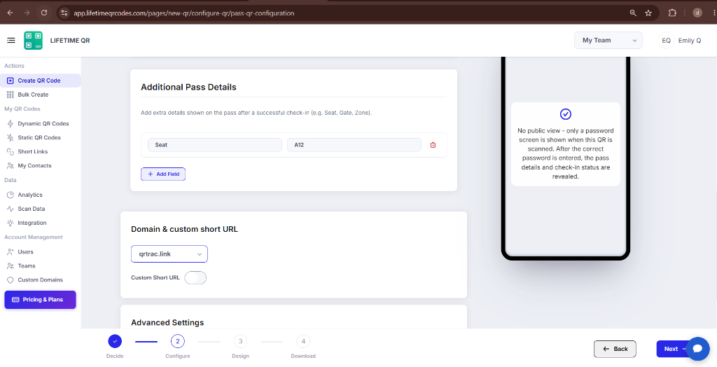 Additional Pass Details section with custom key-value fields for seat, gate, and zone