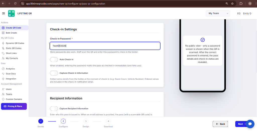 Check-in Settings panel showing Check-in Password, Auto Check-in toggle, and Capture Check-in Information fields