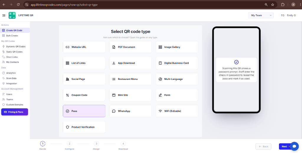 Pass QR Code type selection screen with Pass highlighted