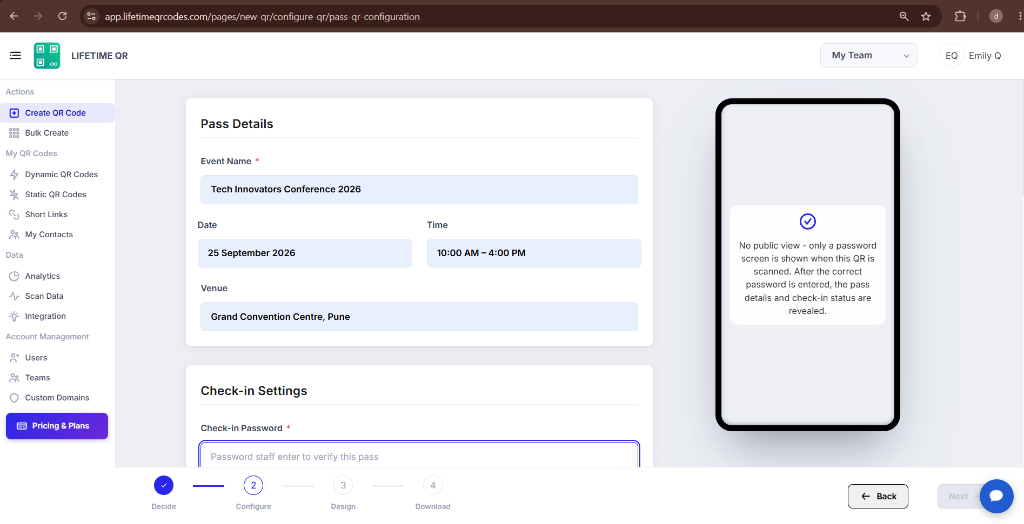 Pass Details form showing Event Name, Date, Time, and Venue fields