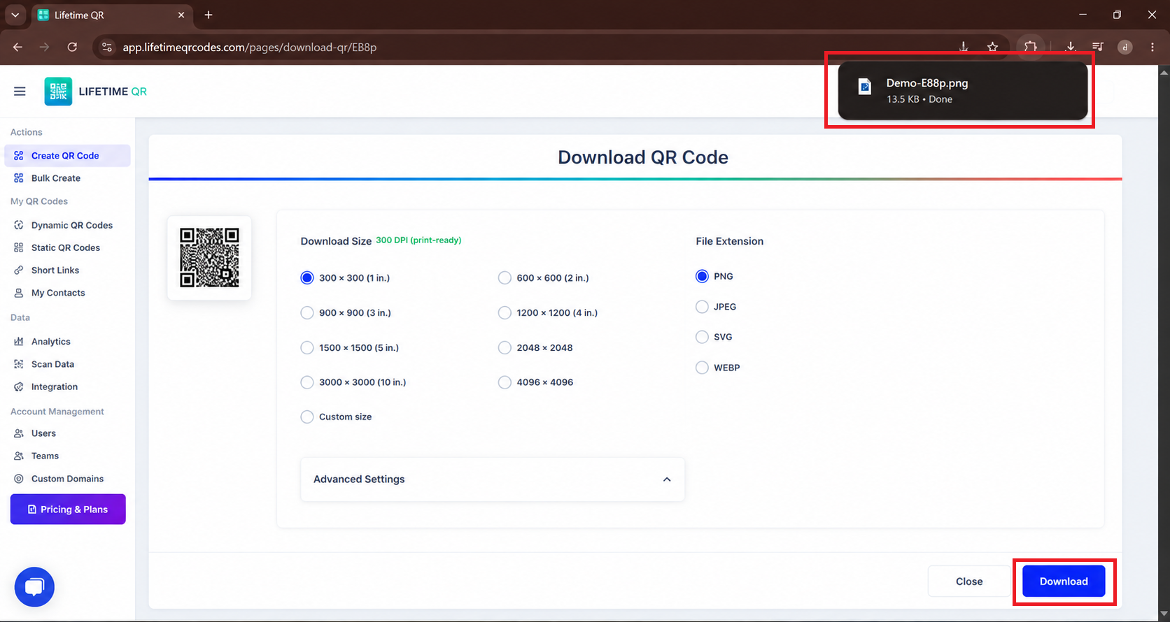 Pass QR Code download screen showing available download and save options