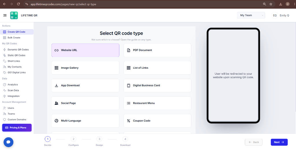 Lifetime QR Codes type selection screen showing available QR code types