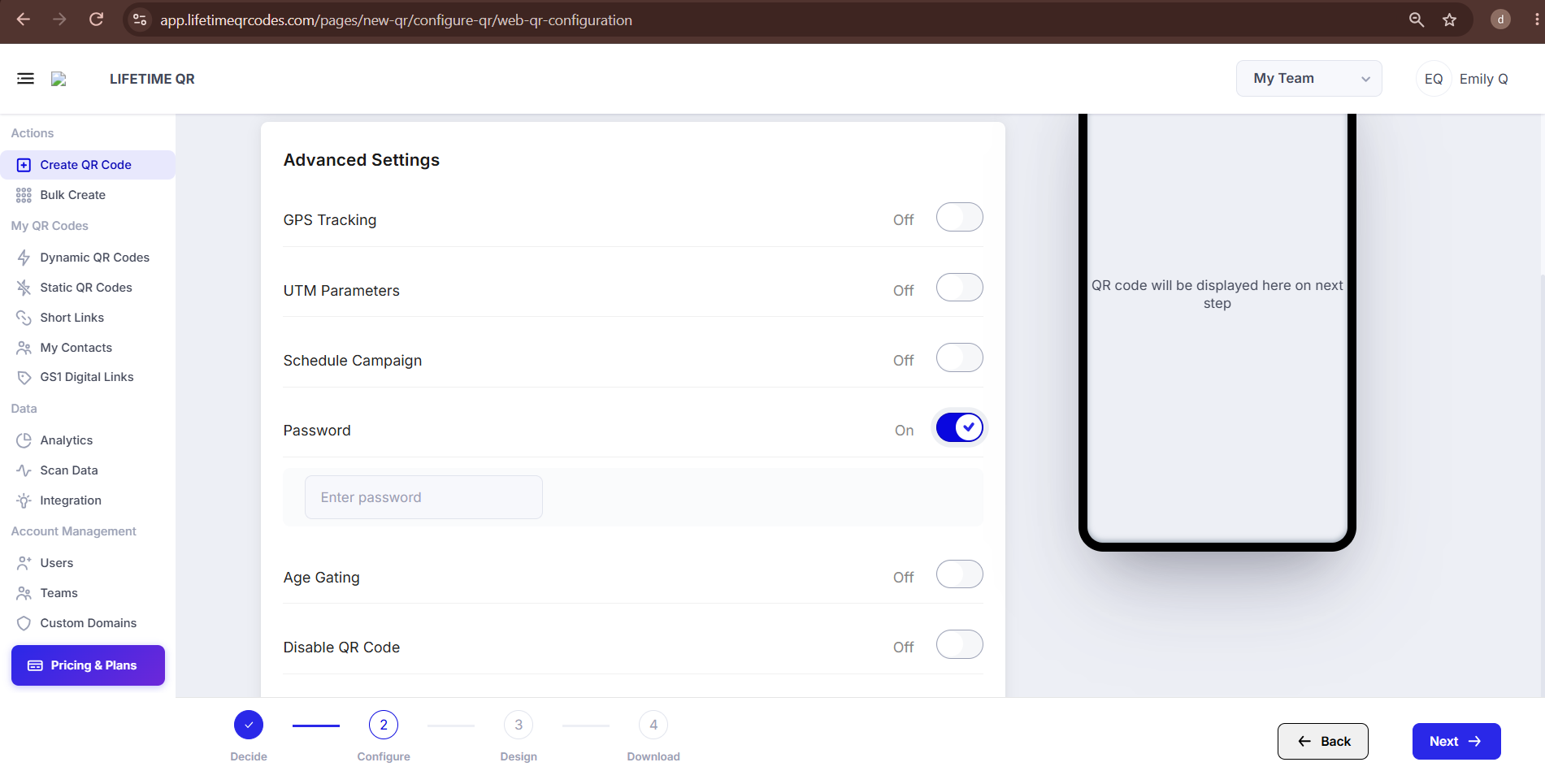 QR code editor Configure step showing Advanced Settings and Password toggle
