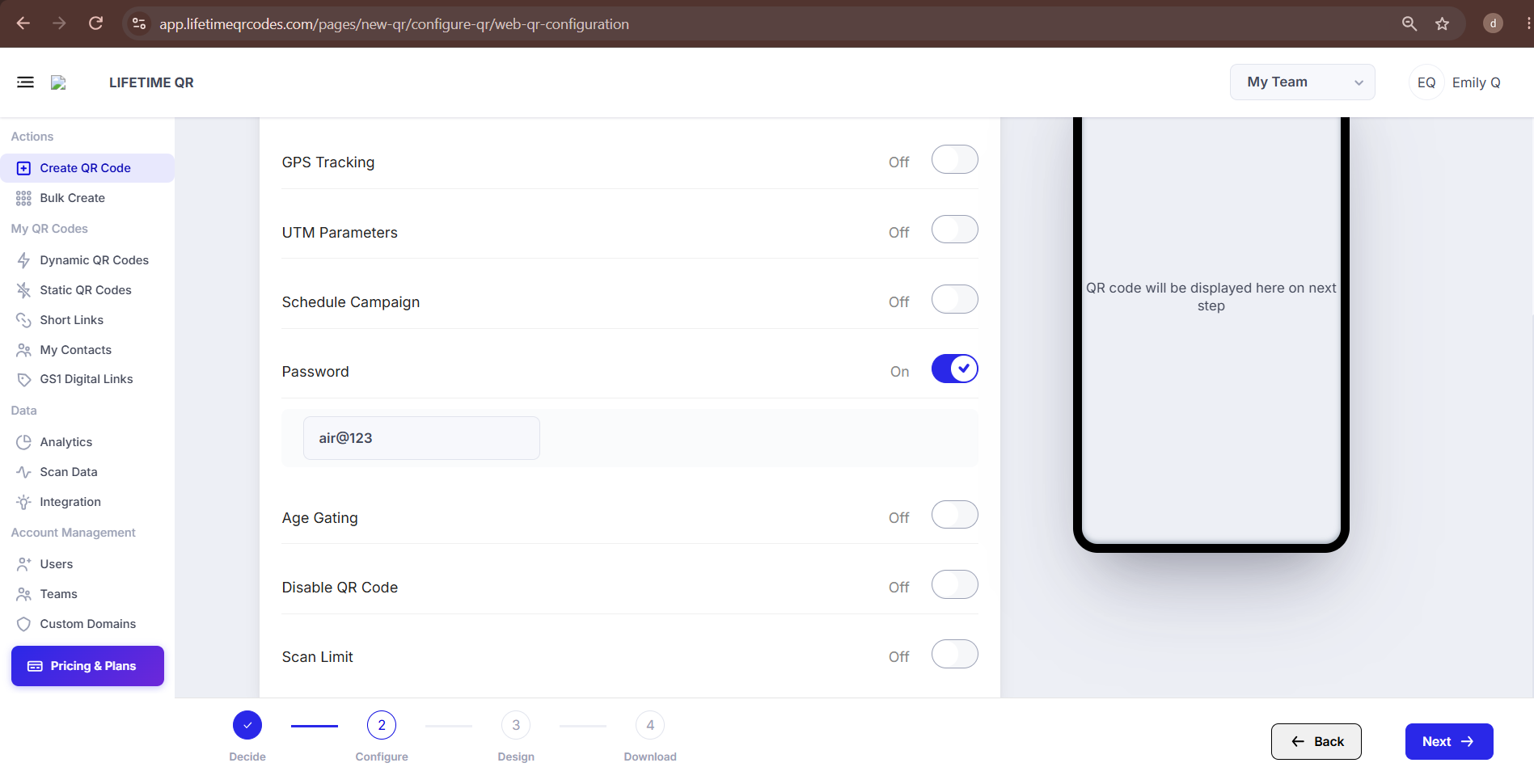 Password protection enabled with password entered in Advanced Settings