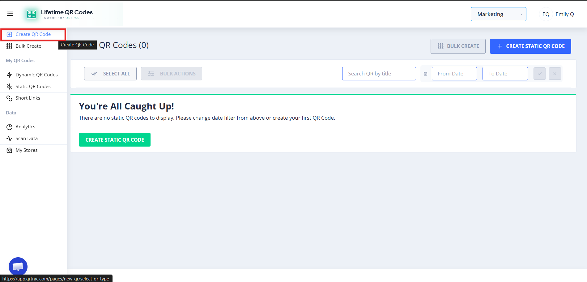 Lifetime QR Codes dashboard with Create QR Code button
