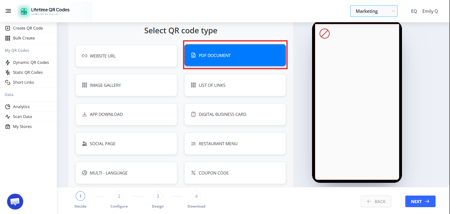 QR type selection with PDF Document highlighted