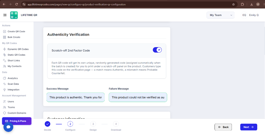 Authenticity Verification configuration section with scratch-off code and verification messages