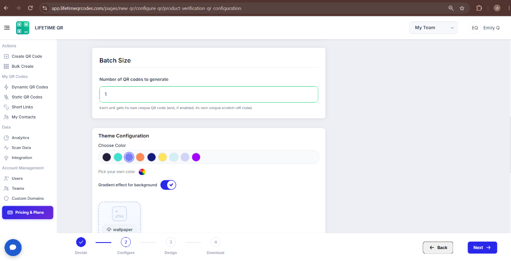 Batch Size configuration section specifying the number of QR codes to generate