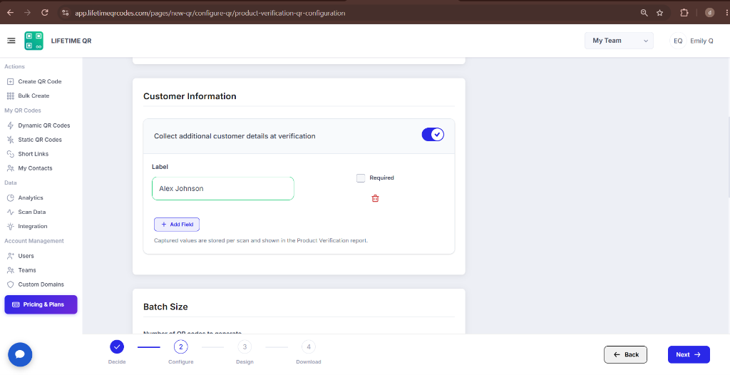 Customer Information configuration section for collecting customer details at verification