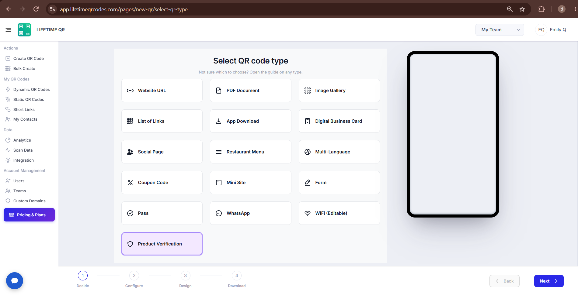 QR code type selection screen with Product Verification highlighted