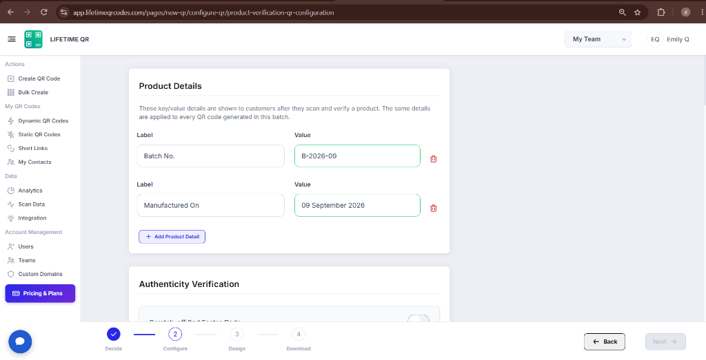 Product Details configuration section with Batch No and Manufactured On fields
