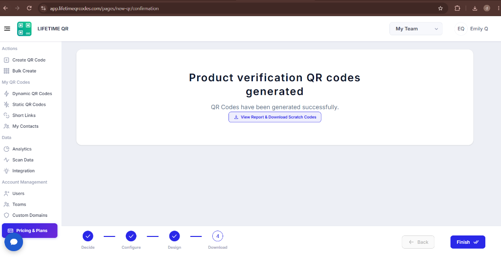 Product verification QR codes generated confirmation screen