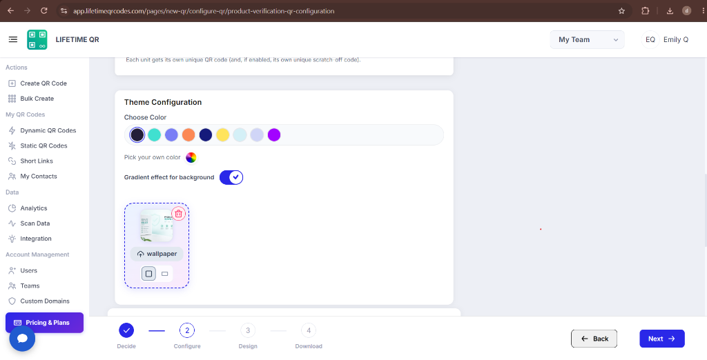 Theme Configuration section with color palette, background gradient, and wallpaper options