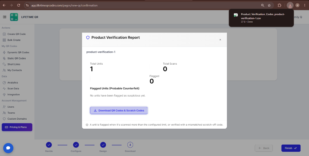 Product Verification Report modal showing scan statistics and download options