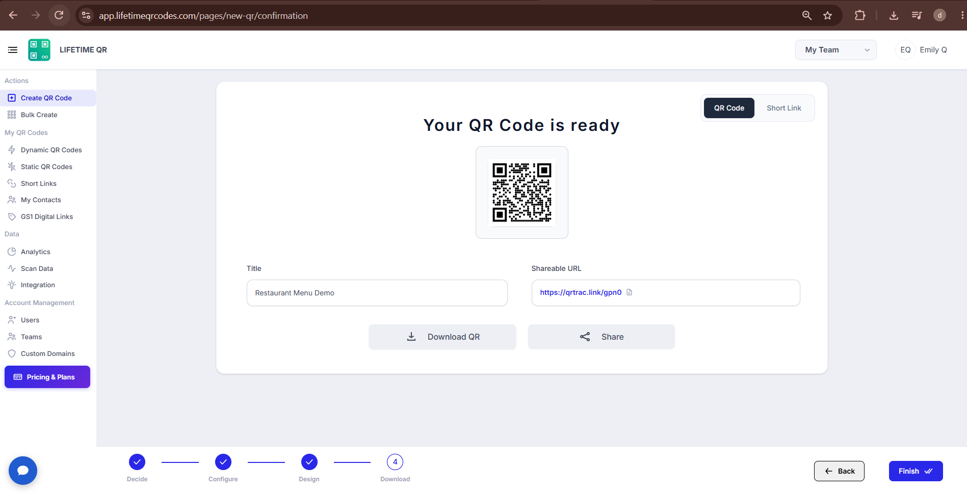Your QR Code is ready screen showing generated restaurant menu QR code, title, and Download QR button