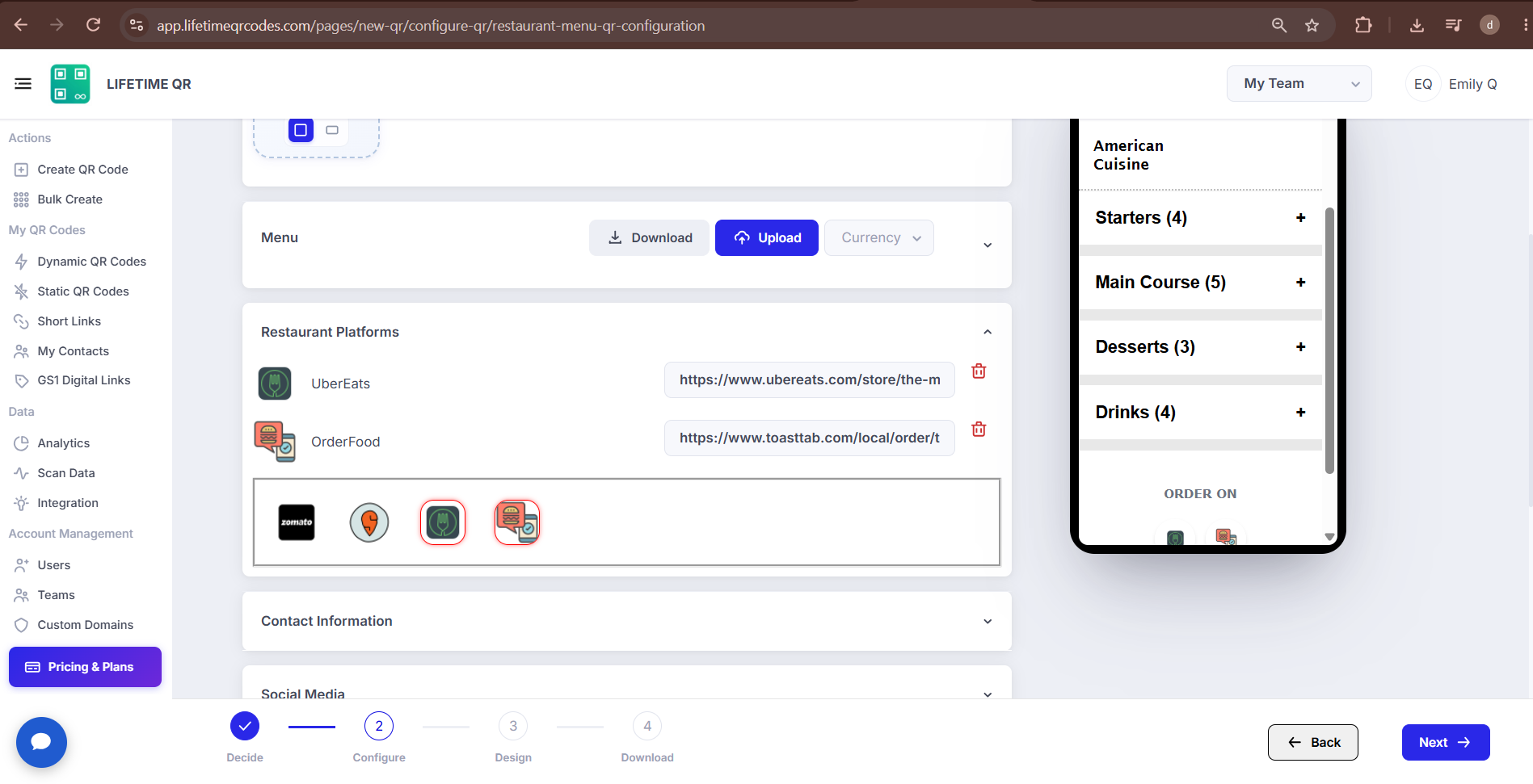 Menu section showing category management, Excel template download and upload, and restaurant delivery platforms