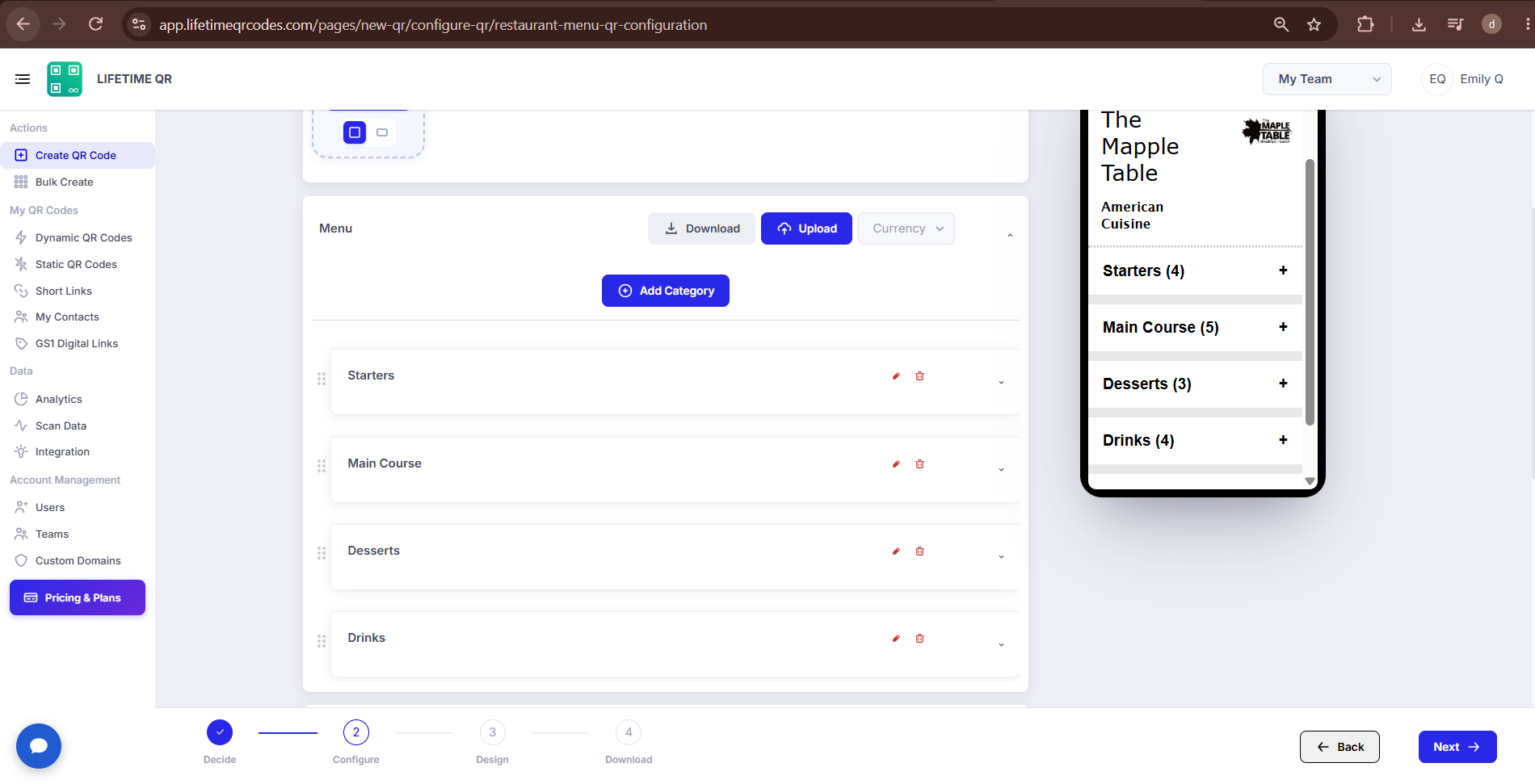 Menu section showing Download, Upload, Currency, and Add Category options