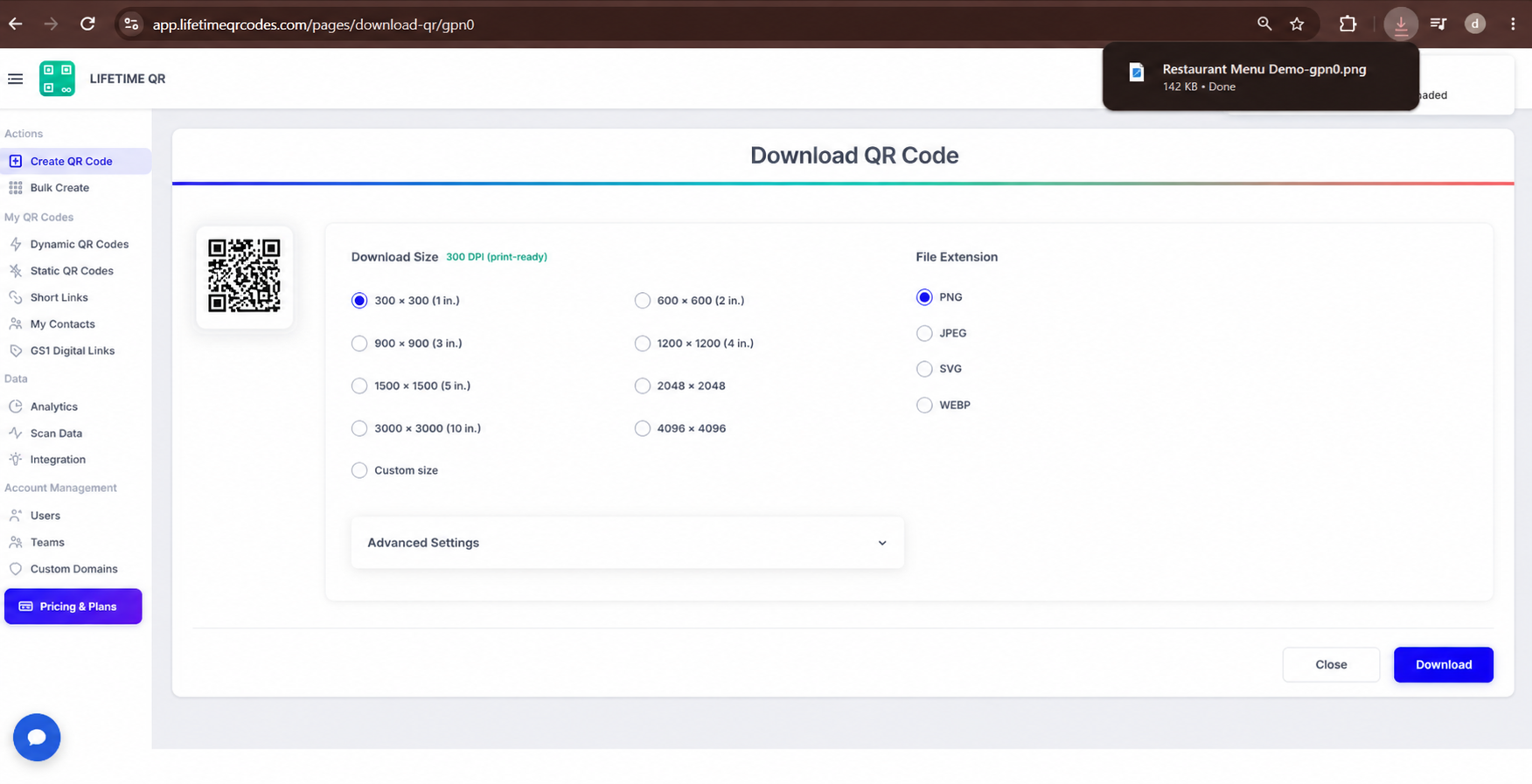 Download QR Code dialog showing download size, file format options, and completed download
