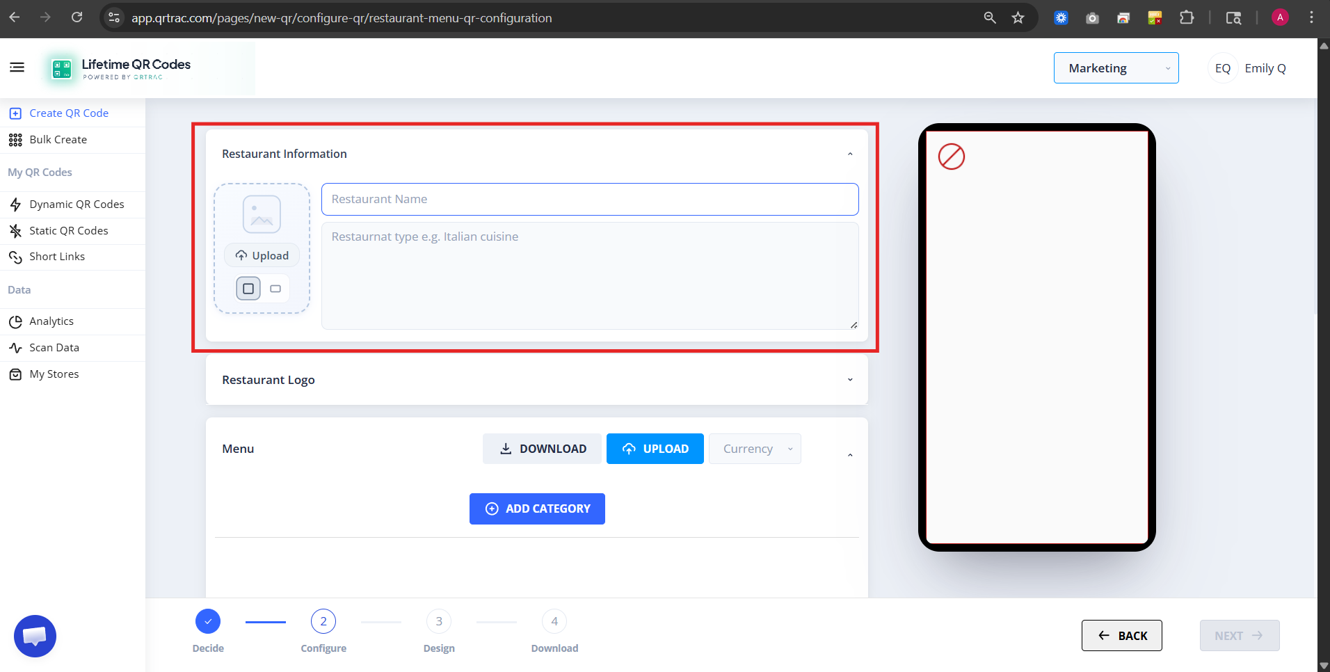 Restaurant information input fields