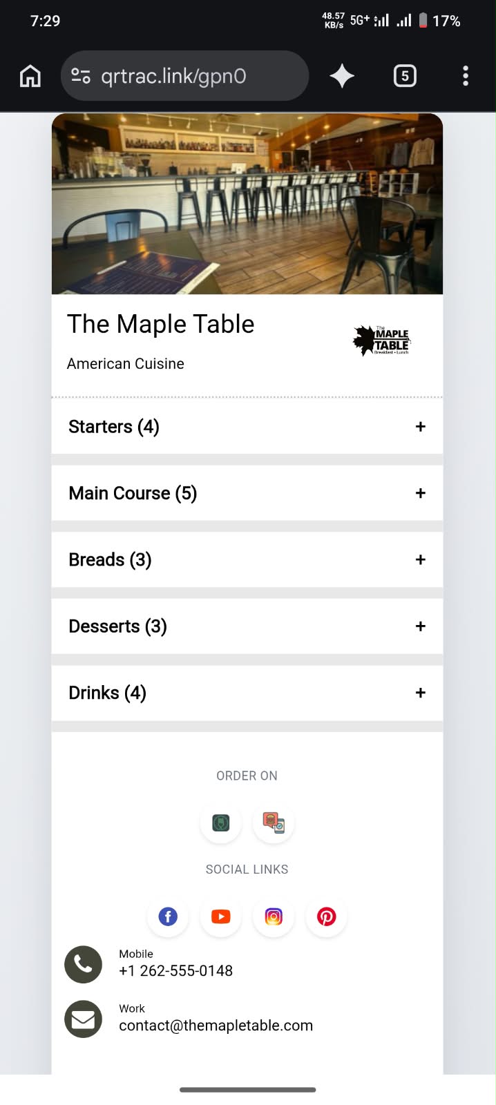 Restaurant Menu end-user mobile view after scanning QR code