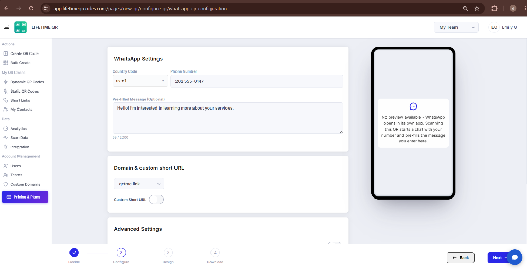 WhatsApp Settings form showing Country Code dropdown, Phone Number, and Pre-filled Message fields