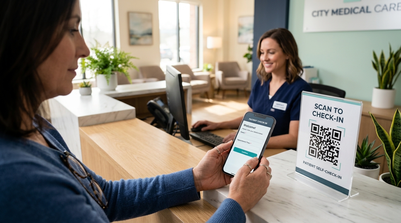 Patient scanning a check-in QR code at a clinic reception