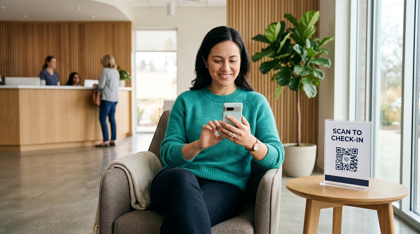Patient using their own smartphone to check in with a QR code in a clinic waiting room